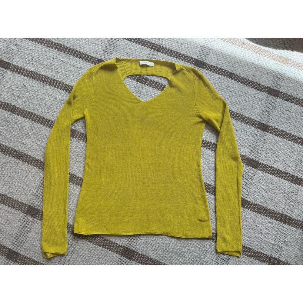 A.L.C Knit Long Sleeve Shirt Chartreuse Green Small Cotton V Back Neck 59365